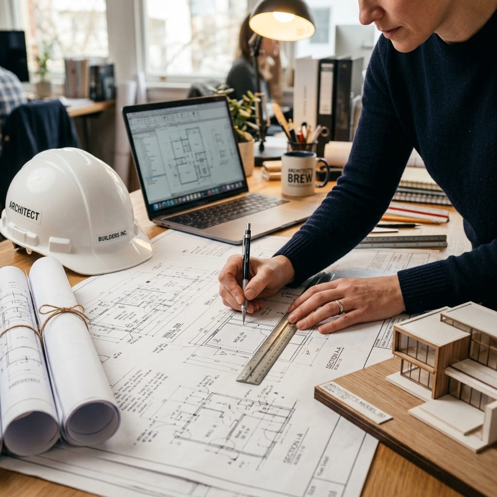 Architect drawing blueprint plans