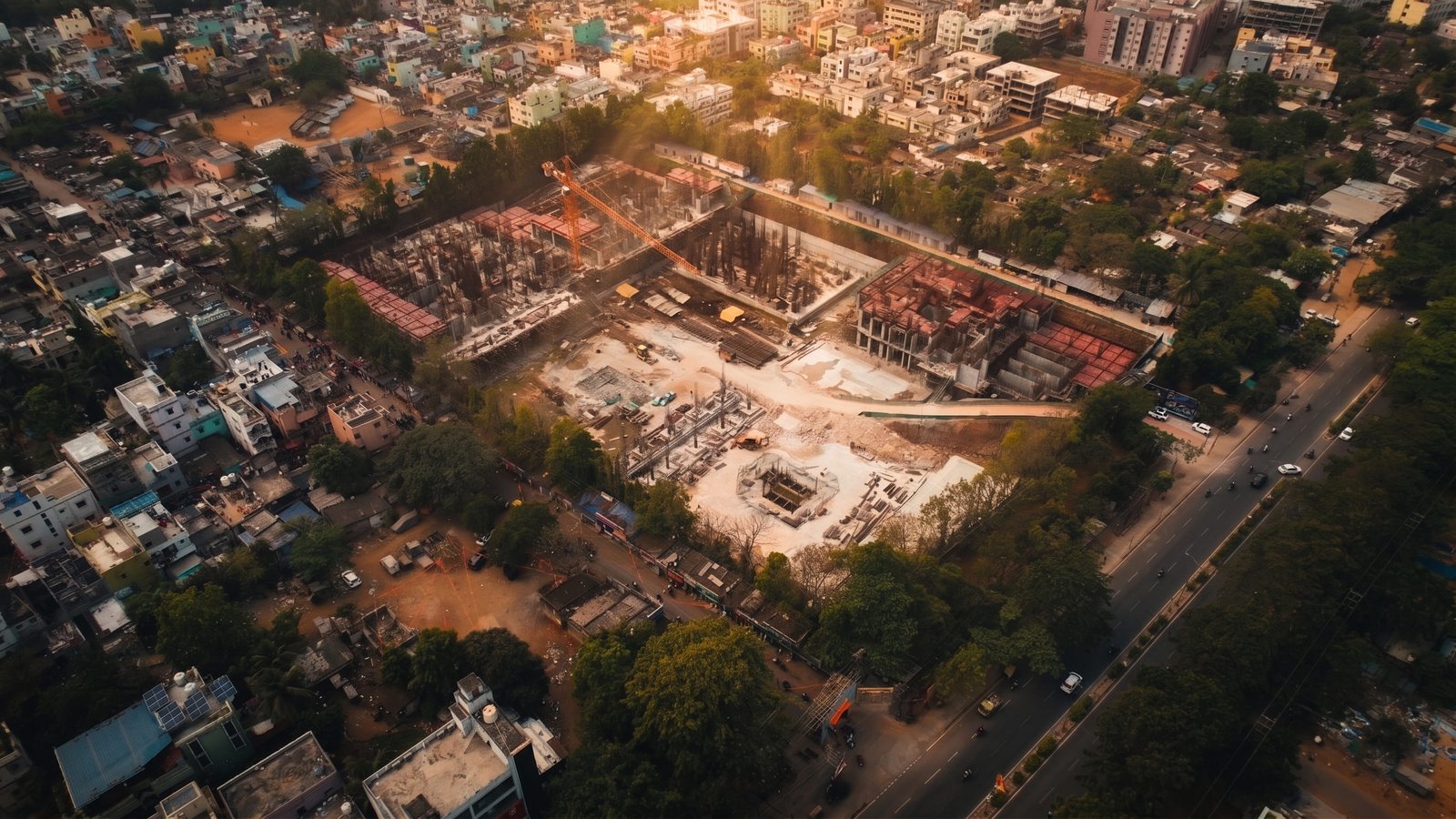 Aerial view of construction site representing our projects